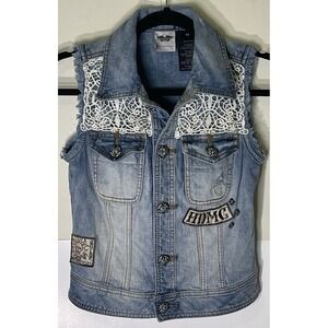 Harley-Davidson XS Denim Vest Skull Crochet Distressed‎ Biker Women's